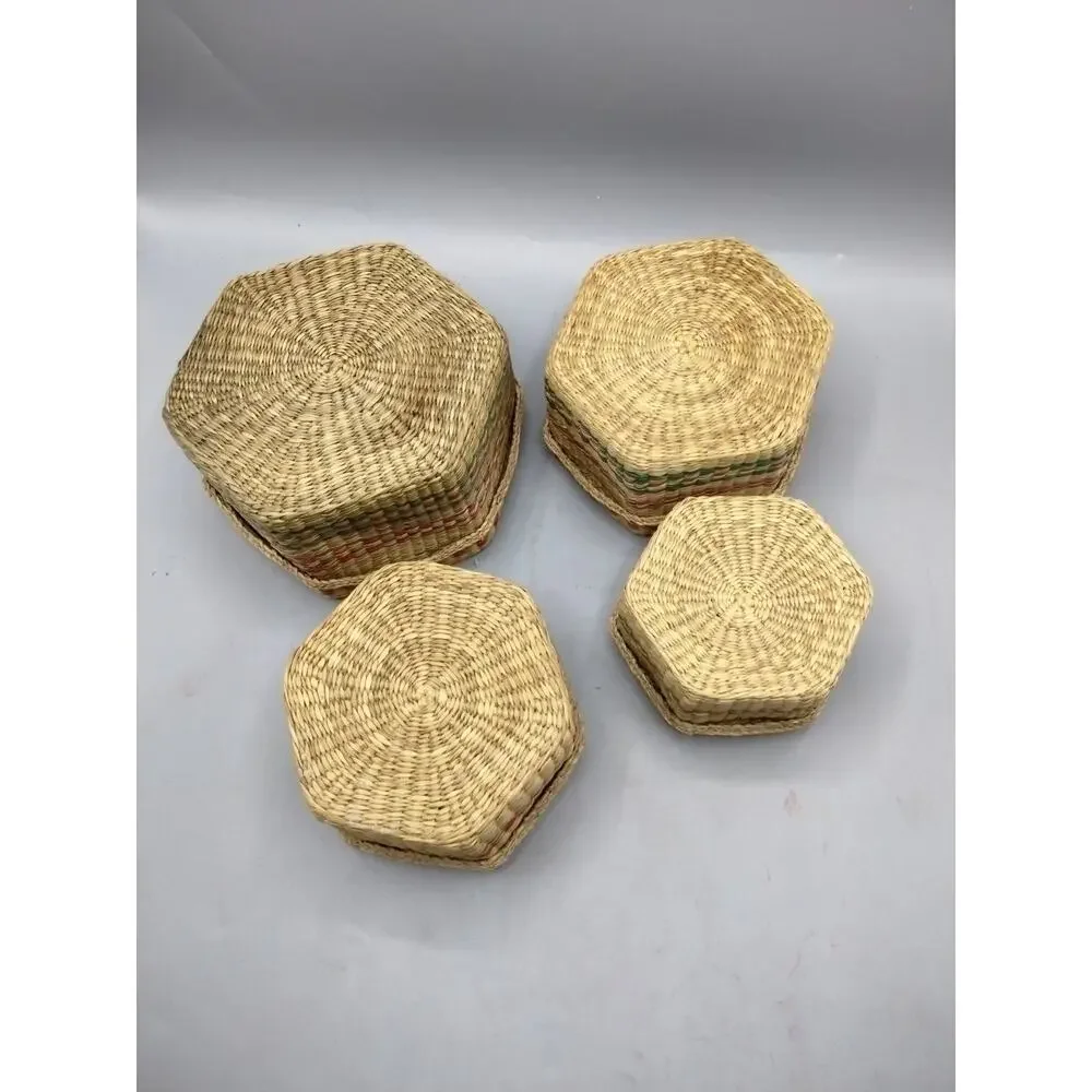 Nesting Natural Grass Woven Hexagon Baskets- Set of 4 w/Lids -Red &Green Trim